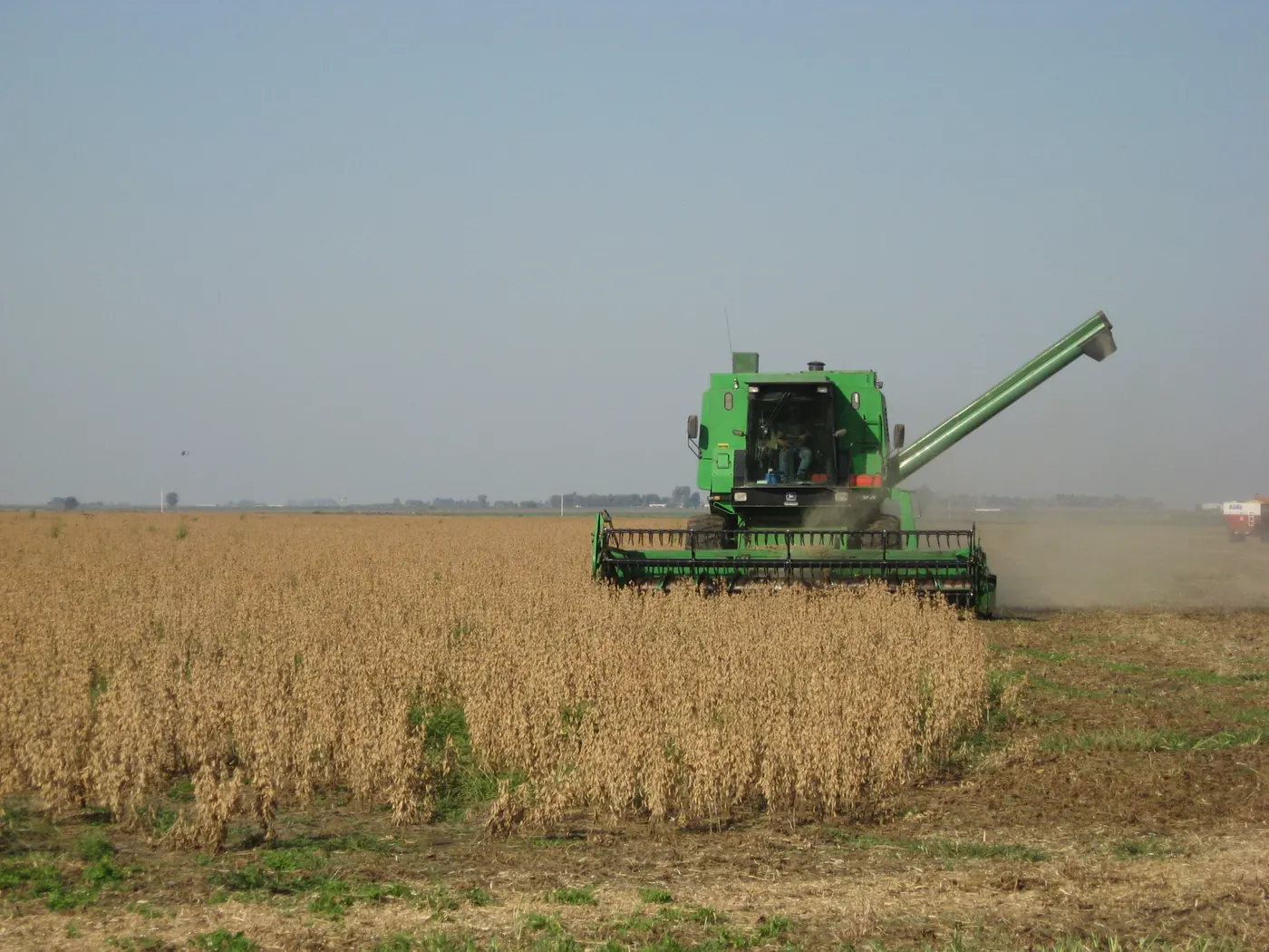 Cosechadora trabajando en un campo de soja en Argentina